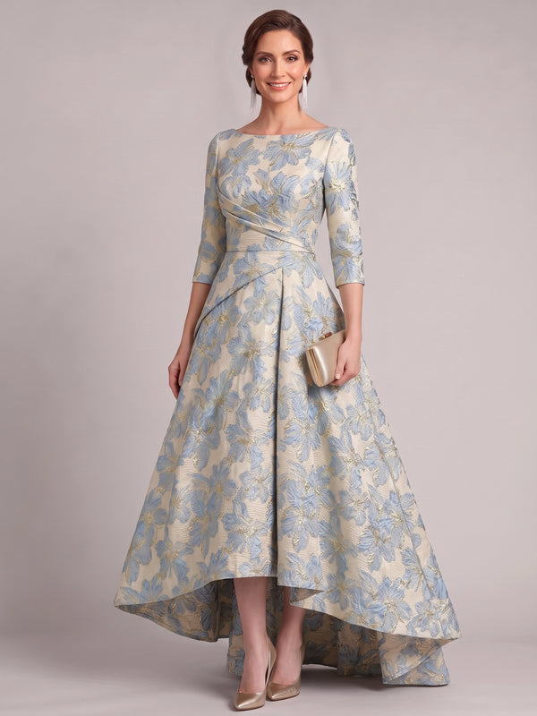 A-Line Mother Of The Bride Dresses Elegant Jacquard Floral Dress Asymmetrical Floor Length Runched 3/4 Long Sleeves Formal Wedding Guest Dresses