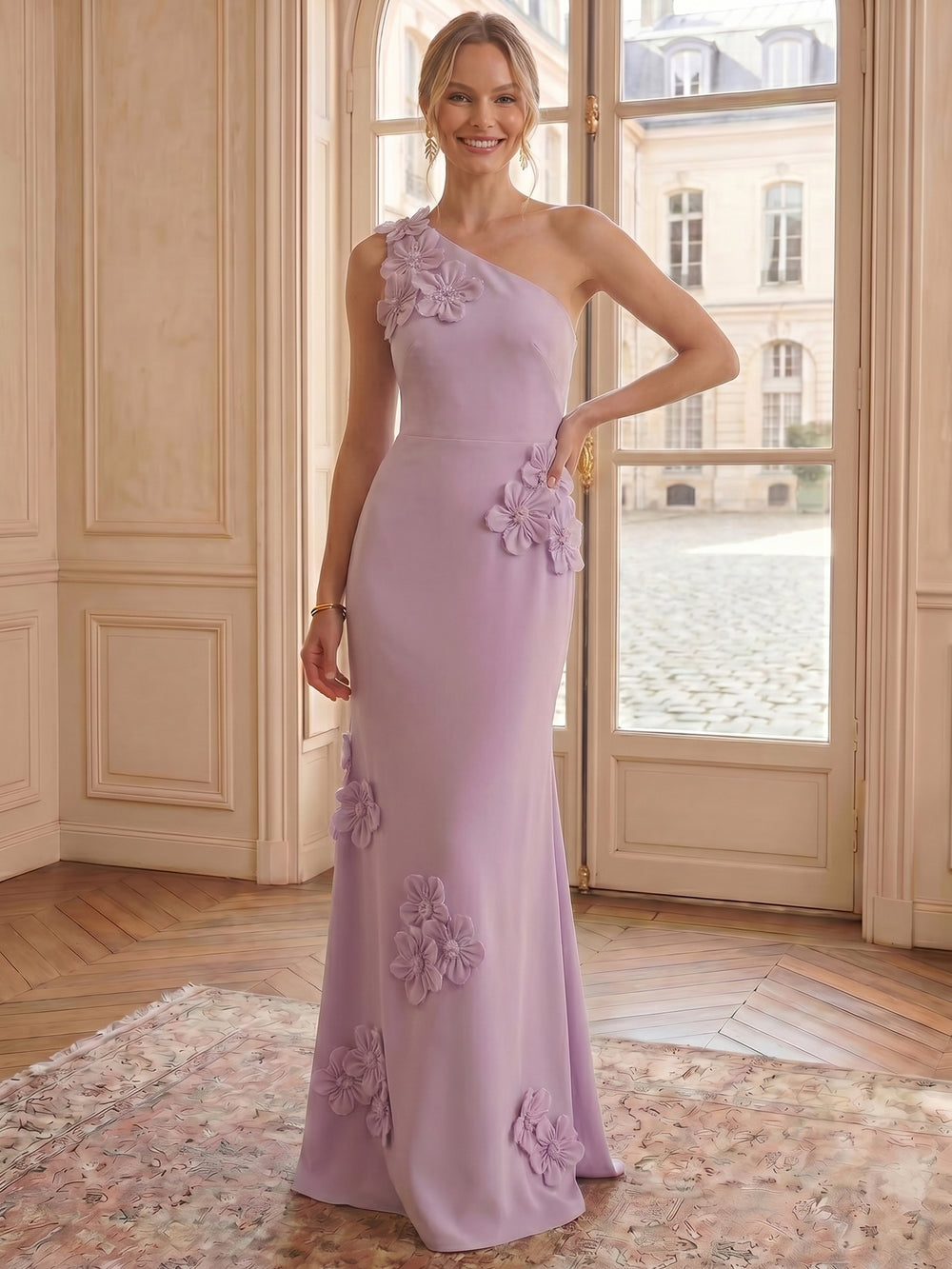 A Line/Princesses Evening Dresses Elegant One Shoulder Formal Dress Bridesmaid Wedding Guest With Flower