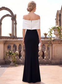 Sheath/Column Mother Of The Bride Dresses Black Tie Elegant Satin Floor-Length Off-The-Shoulder 1/2 Sleeves Zipper With Bow Formal Dresses Wedding Guest