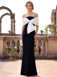 Sheath/Column Mother Of The Bride Dresses Black Tie Elegant Satin Floor-Length Off-The-Shoulder 1/2 Sleeves Zipper With Bow Formal Dresses Wedding Guest