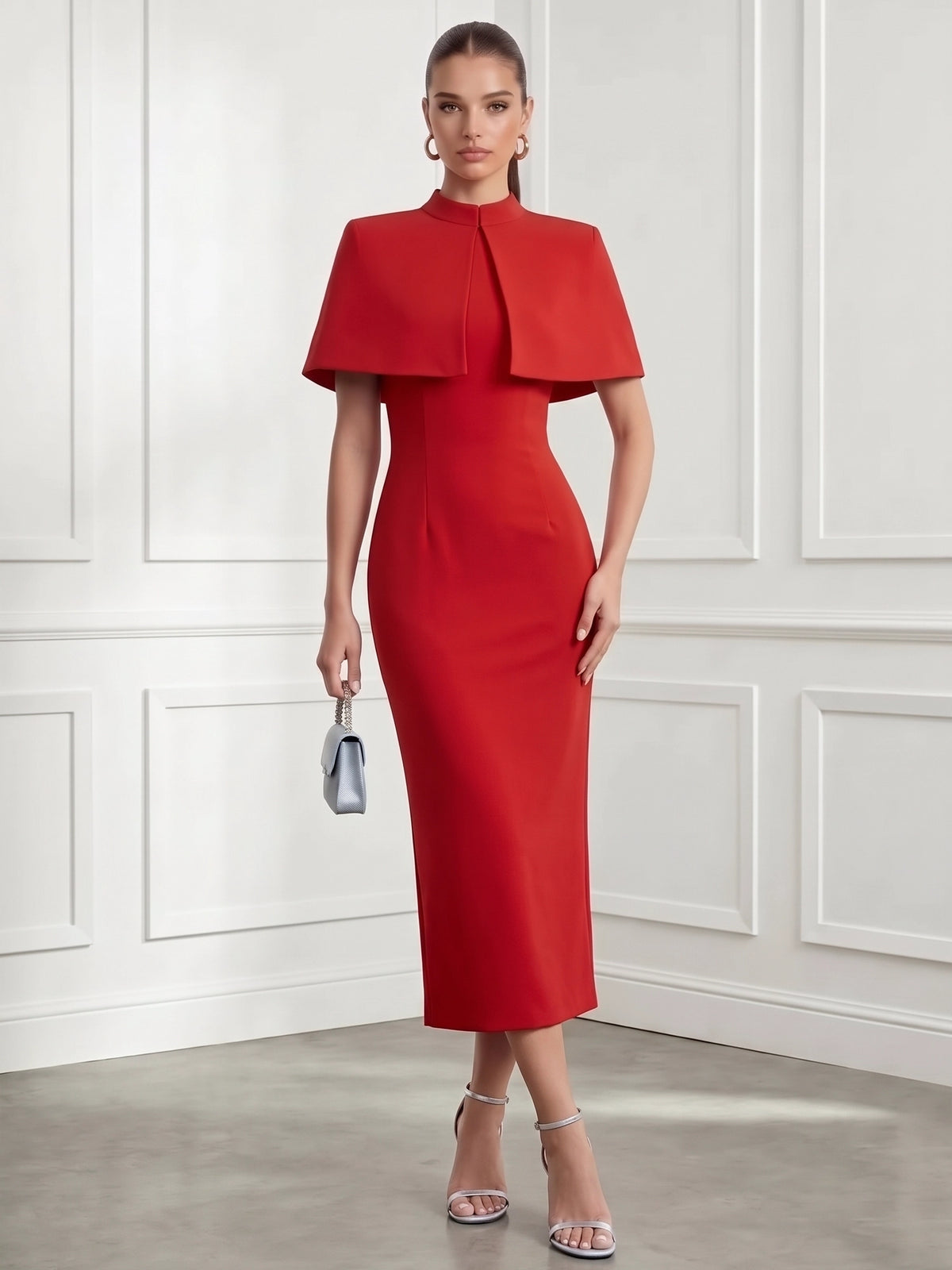 Sheath Cocktail Dress 2-Piece Set Boat Neck Sleeveless Asymmetrical Tea Length  Red Formal Wedding Guest Dress With Detachable Cape
