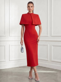 Sheath Cocktail Dress 2-Piece Set Boat Neck Sleeveless Asymmetrical Tea Length  Red Formal Wedding Guest Dress With Detachable Cape