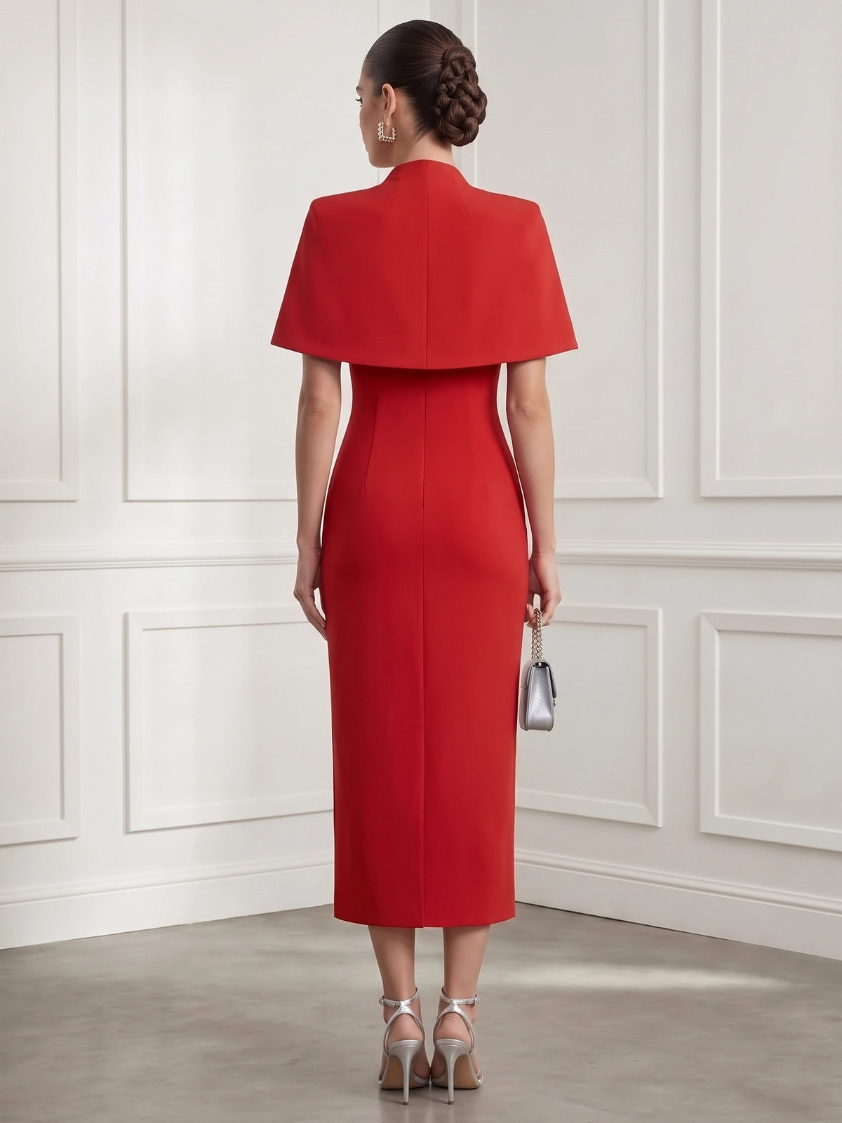 Sheath Cocktail Dress 2-Piece Set Boat Neck Sleeveless Asymmetrical Tea Length  Red Formal Wedding Guest Dress With Detachable Cape