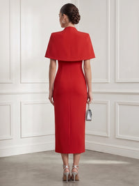 Sheath Cocktail Dress 2-Piece Set Boat Neck Sleeveless Asymmetrical Tea Length  Red Formal Wedding Guest Dress With Detachable Cape