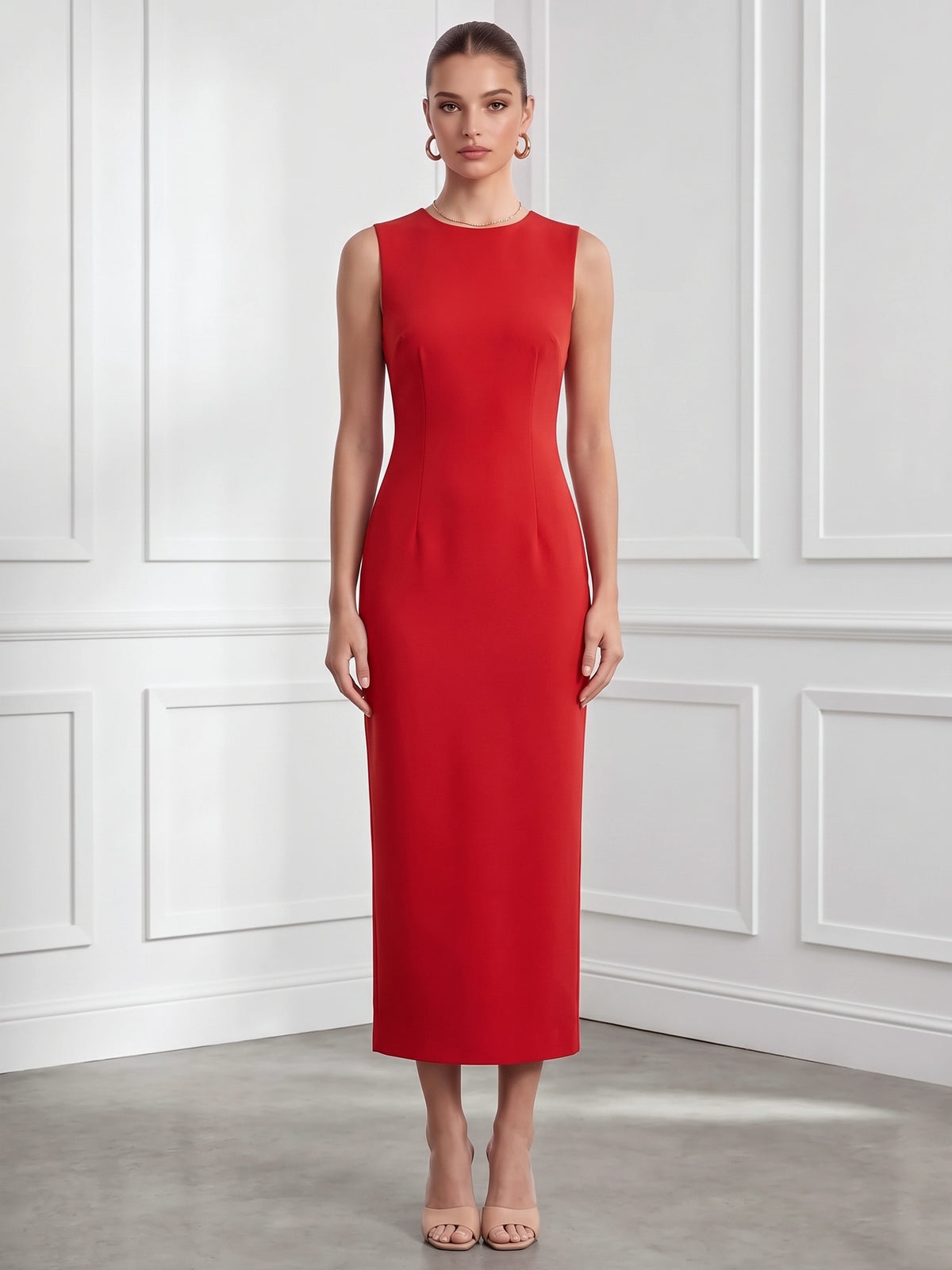 Sheath Cocktail Dress 2-Piece Set Boat Neck Sleeveless Asymmetrical Tea Length  Red Formal Wedding Guest Dress With Detachable Cape
