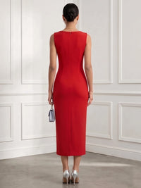 Sheath Cocktail Dress 2-Piece Set Boat Neck Sleeveless Asymmetrical Tea Length  Red Formal Wedding Guest Dress With Detachable Cape