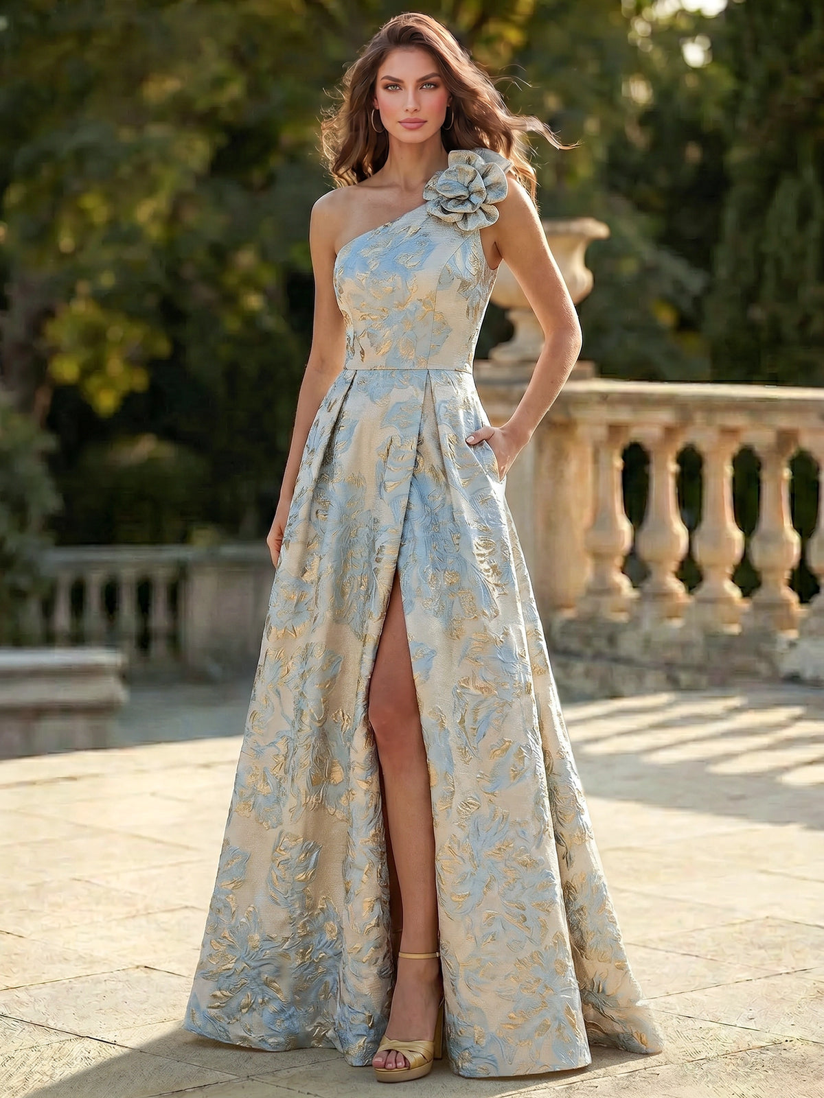 A-Line Evening Dresses Elegant Formal Dress Jacquard One-Shoulder With 3D Flowers Sleeveless Floor-Length Wedding Guest