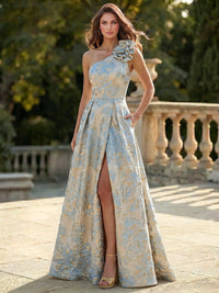 A-Line Evening Dresses Elegant Formal Dress Jacquard One-Shoulder With 3D Flowers Sleeveless Floor-Length Wedding Guest