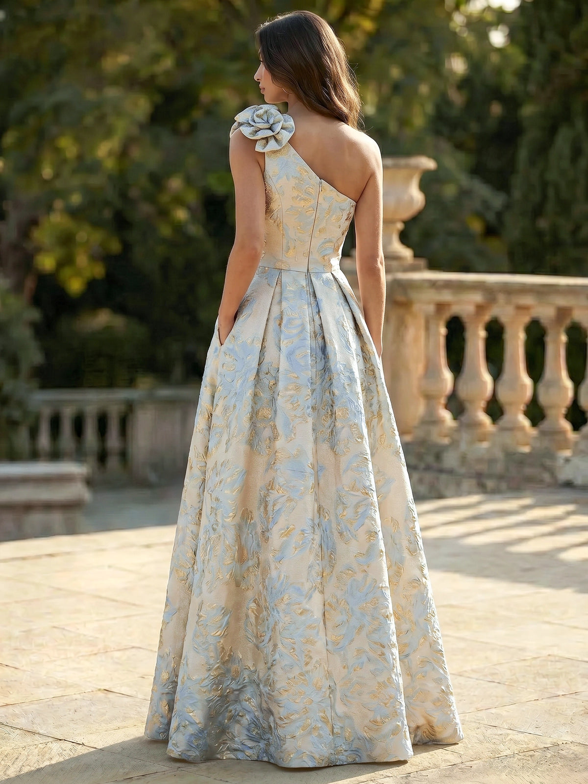 A-Line Evening Dresses Elegant Formal Dress Jacquard One-Shoulder With 3D Flowers Sleeveless Floor-Length Wedding Guest