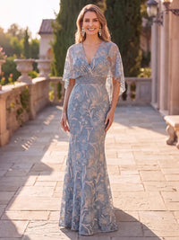 Mermaid Mother Of The Bride Dresses Elegant Embroidery Floor-Length Cape Sleeves V-Neck Sash Wedding Guest