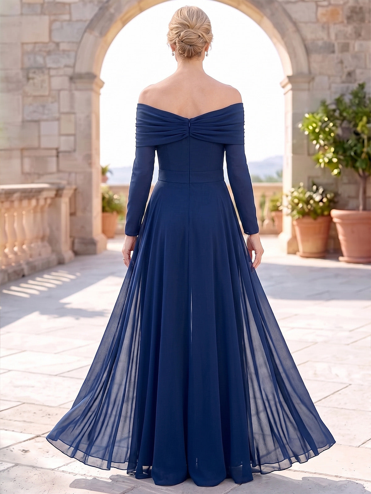 Jumpsuits Mother Of The Bride Dresses Chiffon Off-The-Shoulder Long Sleeves Floor-Length Ruched With Overskirt Zipper Formal Dress Wedding Guest