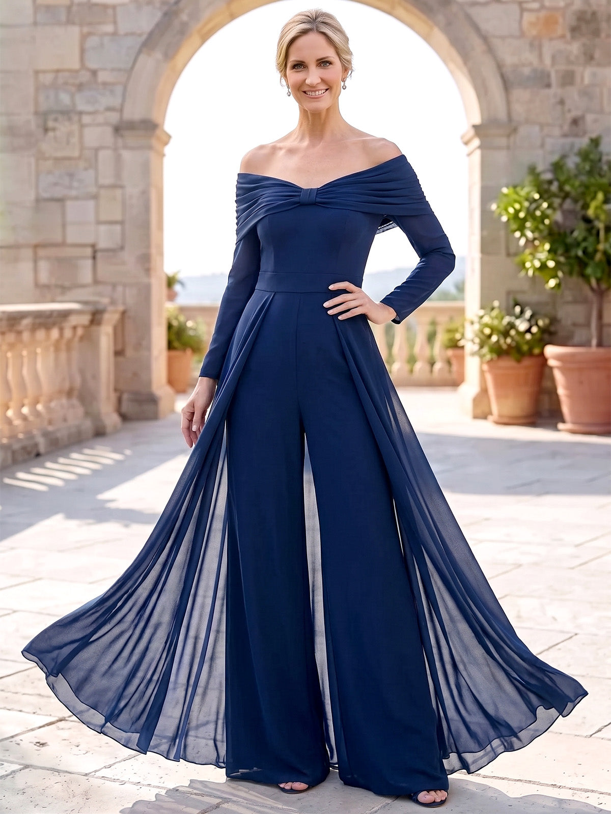 Jumpsuits Mother Of The Bride Dresses Chiffon Off-The-Shoulder Long Sleeves Floor-Length Ruched With Overskirt Zipper Formal Dress Wedding Guest