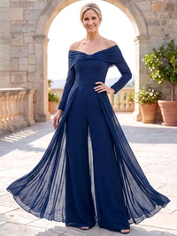 Jumpsuits Mother Of The Bride Dresses Chiffon Off-The-Shoulder Long Sleeves Floor-Length Ruched With Overskirt Zipper Formal Dress Wedding Guest