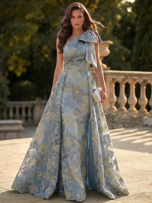 Sheath/Column Evening Dresses Jacquard Satin Sleeveless Floor-Length One-Shoulder With Bow Floral Elegant Formal Dress With Overskirt Wedding Guest