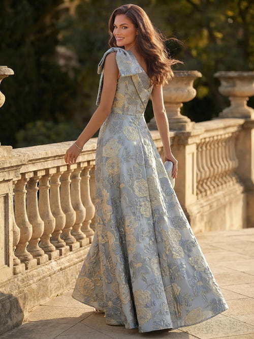 Sheath/Column Evening Dresses Jacquard Satin Sleeveless Floor-Length One-Shoulder With Bow Floral Elegant Formal Dress With Overskirt Wedding Guest