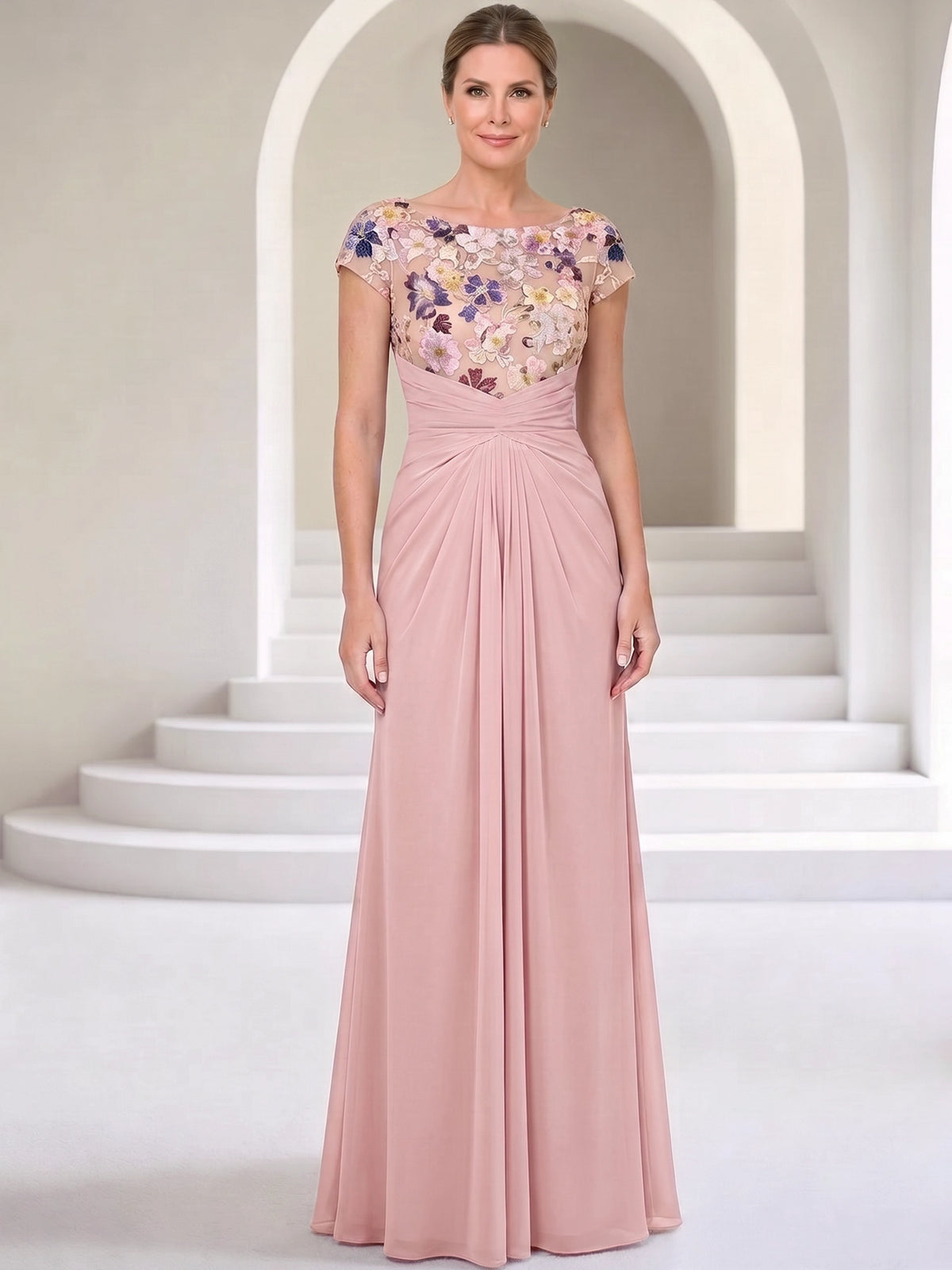 A-Line Mother Of The Bride Dresses Floral Chiffon Appliques Lace Formal Dress Bateau Neck Short Sleeves Floor-Length Wedding Guest