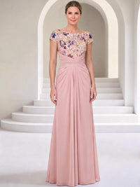 A-Line Mother Of The Bride Dresses Floral Chiffon Appliques Lace Formal Dress Bateau Neck Short Sleeves Floor-Length Wedding Guest