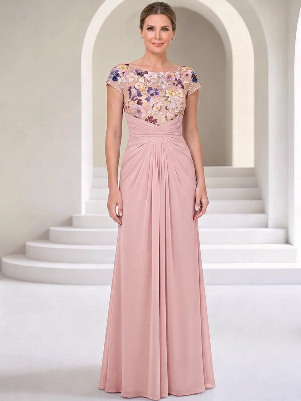 A-Line Mother Of The Bride Dresses Floral Chiffon Appliques Lace Formal Dress Bateau Neck Short Sleeves Floor-Length Wedding Guest