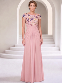 A-Line Mother Of The Bride Dresses Floral Chiffon Appliques Lace Formal Dress Bateau Neck Short Sleeves Floor-Length Wedding Guest