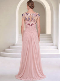 A-Line Mother Of The Bride Dresses Floral Chiffon Appliques Lace Formal Dress Bateau Neck Short Sleeves Floor-Length Wedding Guest