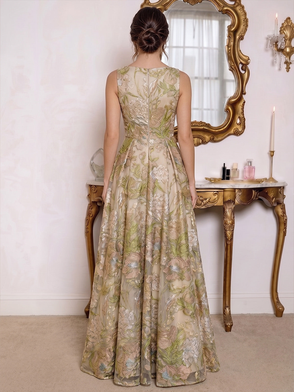 A-Line/Princess Evening Dresses Elegant Floral Jacquard V-Neck Sleeveless Floor-Length Zipper Formal Dresses