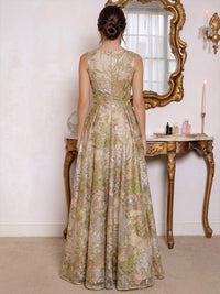 A-Line/Princess Evening Dresses Elegant Floral Jacquard V-Neck Sleeveless Floor-Length Zipper Formal Dresses