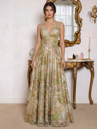 A-Line/Princess Evening Dresses Elegant Floral Jacquard V-Neck Sleeveless Floor-Length Zipper Formal Dresses