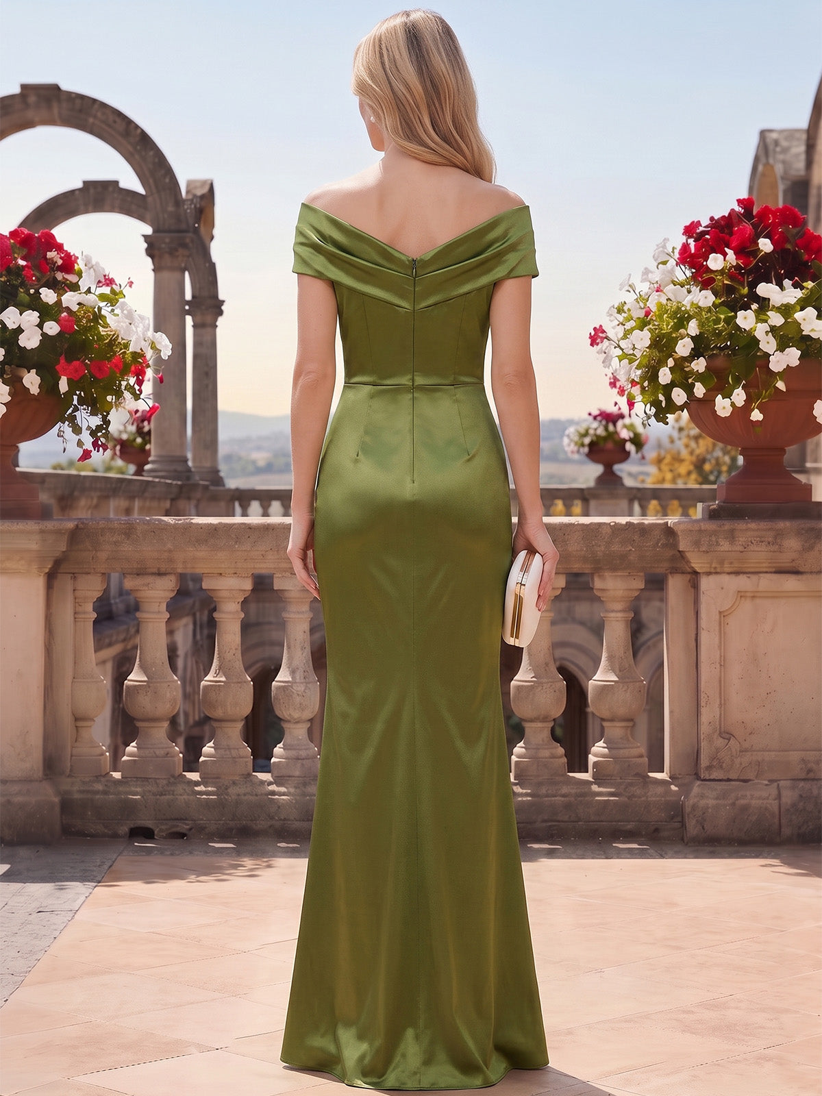 Sheath/Column Mother Of The Bride Dresses Elegant Satin Floor-Length Off-The-Shoulder Short Sleeves Ruched Zipper Formal Dresses Wedding Guest