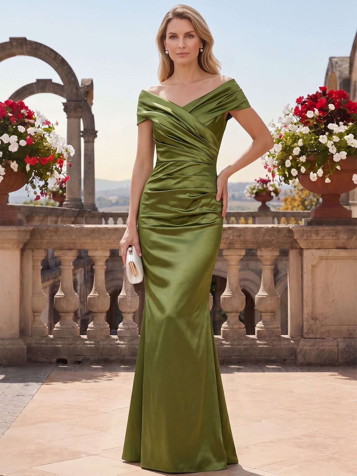 Sheath/Column Mother Of The Bride Dresses Elegant Satin Floor-Length Off-The-Shoulder Short Sleeves Ruched Zipper Formal Dresses Wedding Guest
