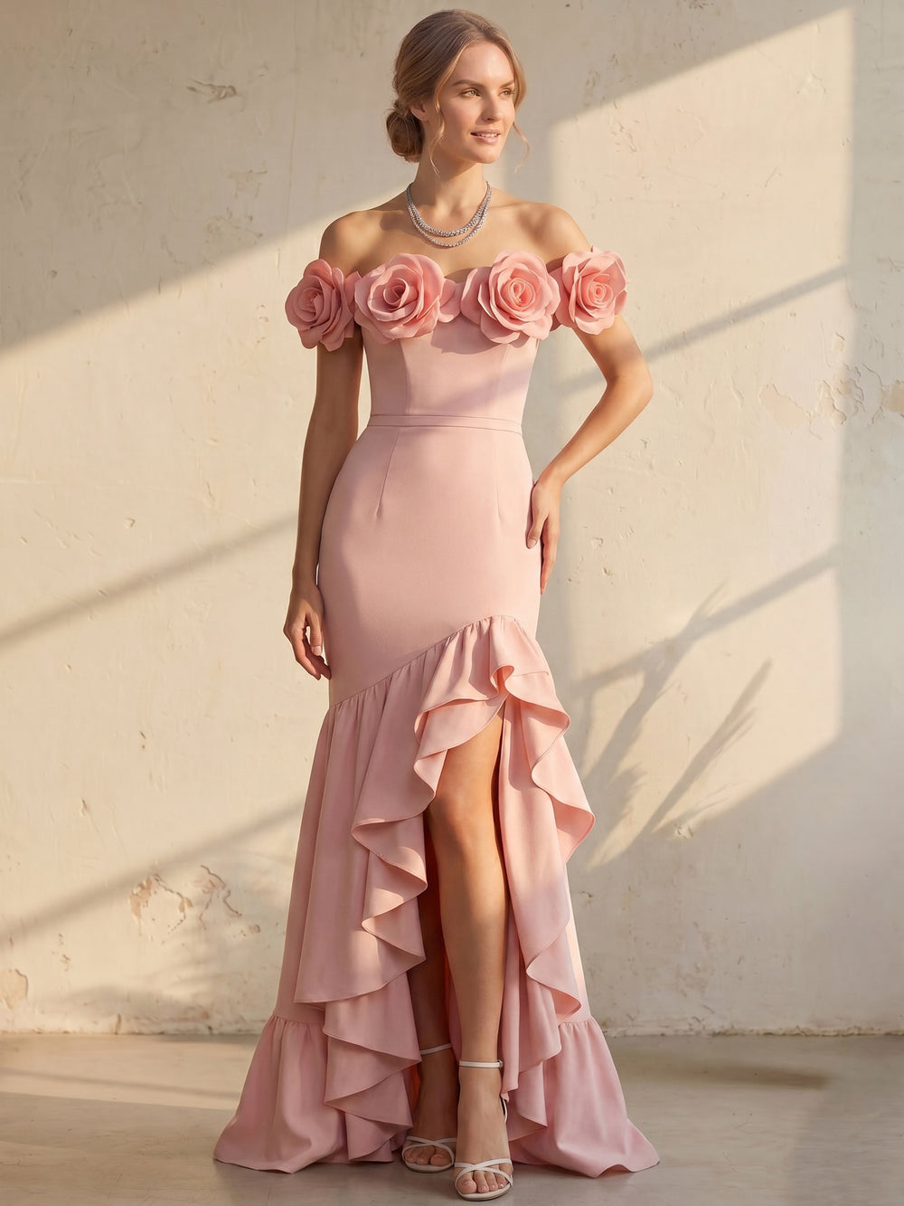 Mermaid/Trumpet Evening Dress Off-The-Shoulder Sleeveless Pink Floor-Length High-Slit Ruffles With Flower