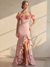 Mermaid/Trumpet Evening Dress Off-The-Shoulder Sleeveless Pink Floor-Length High-Slit Ruffles With Flower