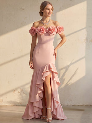 Mermaid/Trumpet Evening Dress Off-The-Shoulder Sleeveless Pink Floor-Length High-Slit Ruffles With Flower