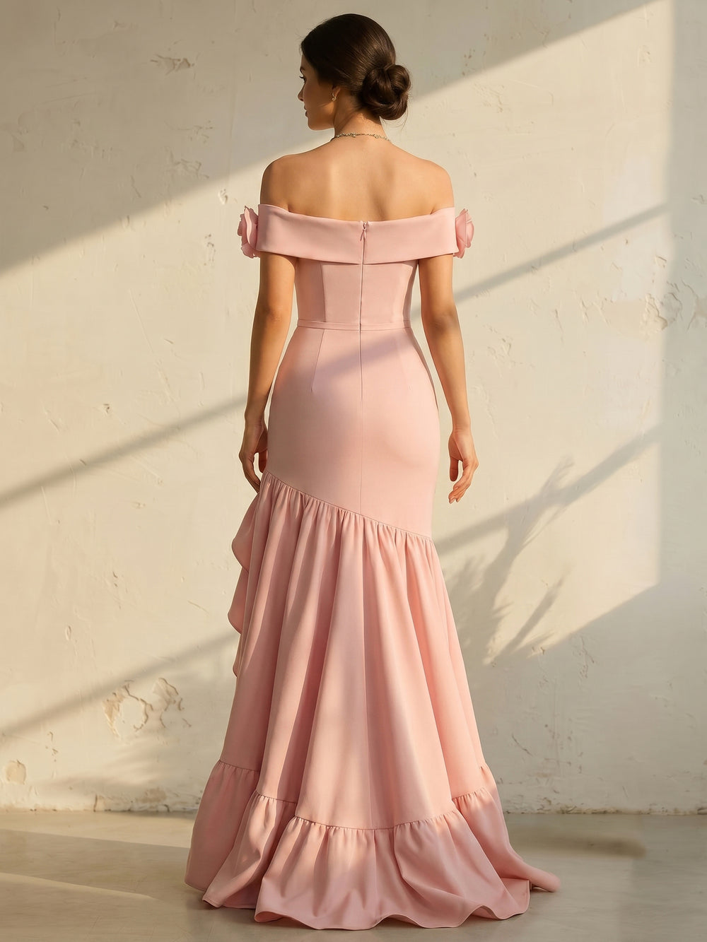 Mermaid/Trumpet Evening Dress Off-The-Shoulder Sleeveless Pink Floor-Length High-Slit Ruffles With Flower