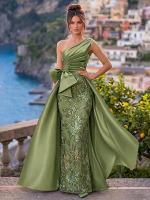 Sheath/Column Evening Dresses Beaded Embroidery Sleeveless Floor-Length One-Shoulder Sash With Bow Ruched Floral Elegant Formal Dress With Overskirt Wedding Guest