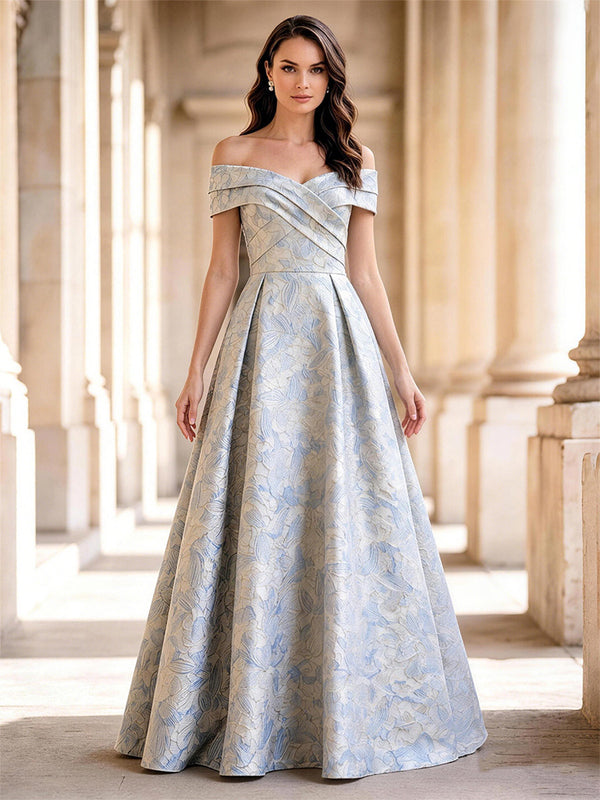 A-Line/Princess Evening Dresses Jacquard Off-The-Shoulder Floor-Length Short Sleeves Zipper Formal Dress