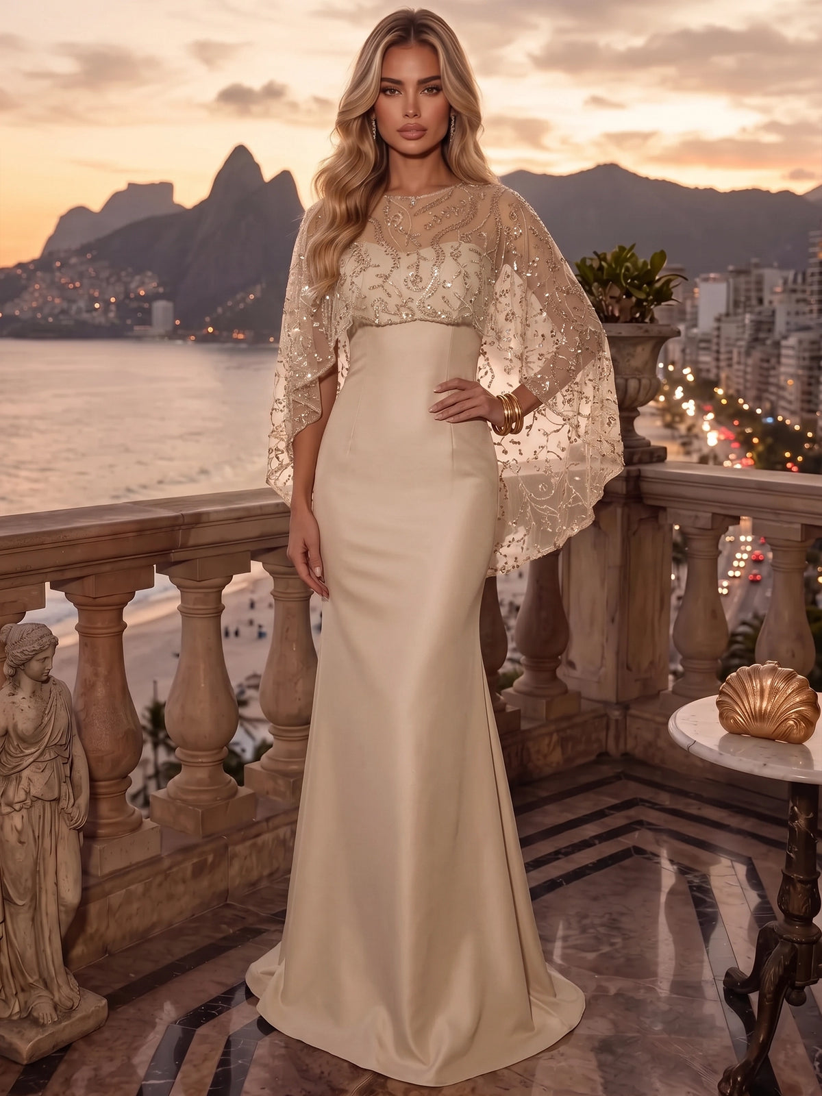 Mermaid Evening Gown Two Piece Set Satin Formal Dress Glamorous Strapless Wedding Floor Length With Glitter Beading Cape