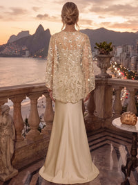 Mermaid Evening Gown Two Piece Set Satin Formal Dress Glamorous Strapless Wedding Floor Length With Glitter Beading Cape