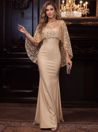 Mermaid Evening Gown Two Piece Set Satin Formal Dress Glamorous Strapless Wedding Floor Length With Glitter Beading Cape