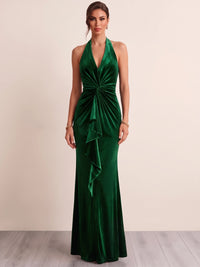 Sheath Velvet Evening Gown Floor Length Halter V Neck Emerald Green Runched Formal Wedding Guest Dress With Ruffles