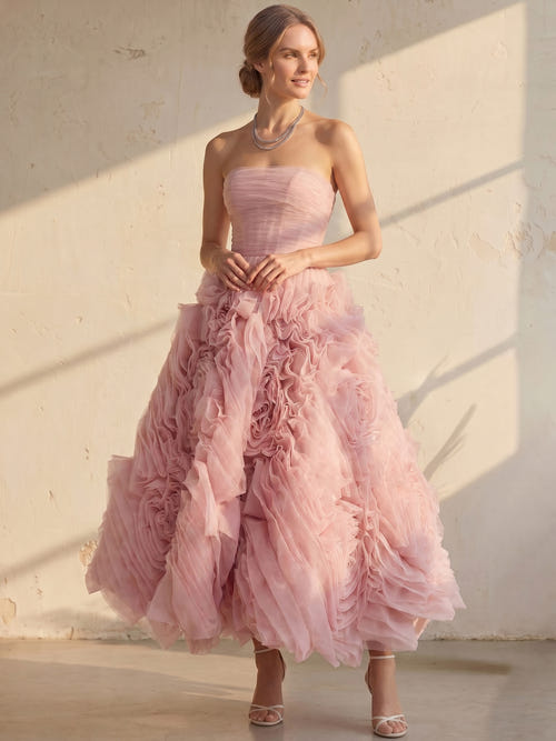 Ball Gown Strapless Cocktail Dress Sleeveless Elegant Tea-Length Party Dance With Ruffles Ruched Pleats