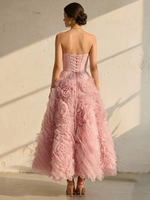 Ball Gown Strapless Cocktail Dress Sleeveless Elegant Tea-Length Party Dance With Ruffles Ruched Pleats