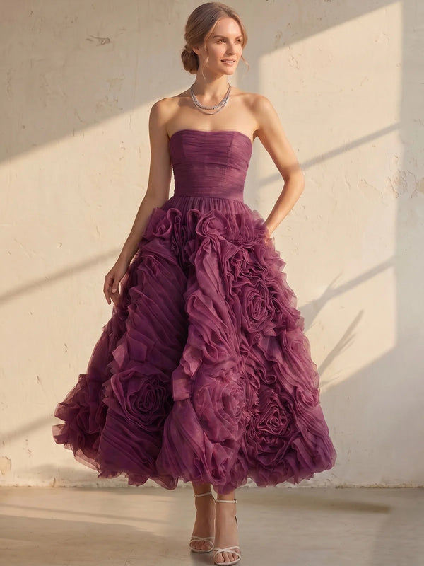 Ball Gown Strapless Cocktail Dress Sleeveless Elegant Tea-Length Party Dance With Ruffles Ruched