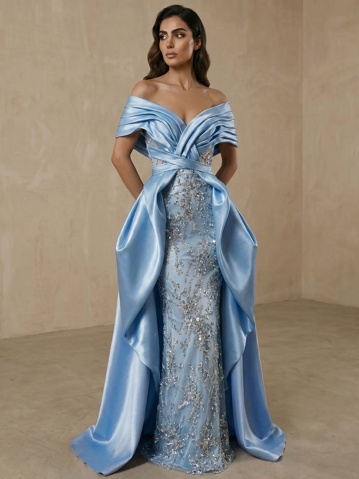 Sheath/Column Evening Dresses Embellished Satin Floor-Length Off-The-Shoulder Short Sleeves Ruffles Pleats Elegant Dress With Overskirt Wedding Guest