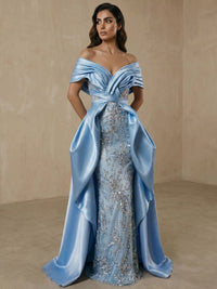 Sheath/Column Evening Dresses Embellished Satin Floor-Length Off-The-Shoulder Short Sleeves Ruffles Pleats Elegant Dress With Overskirt Wedding Guest