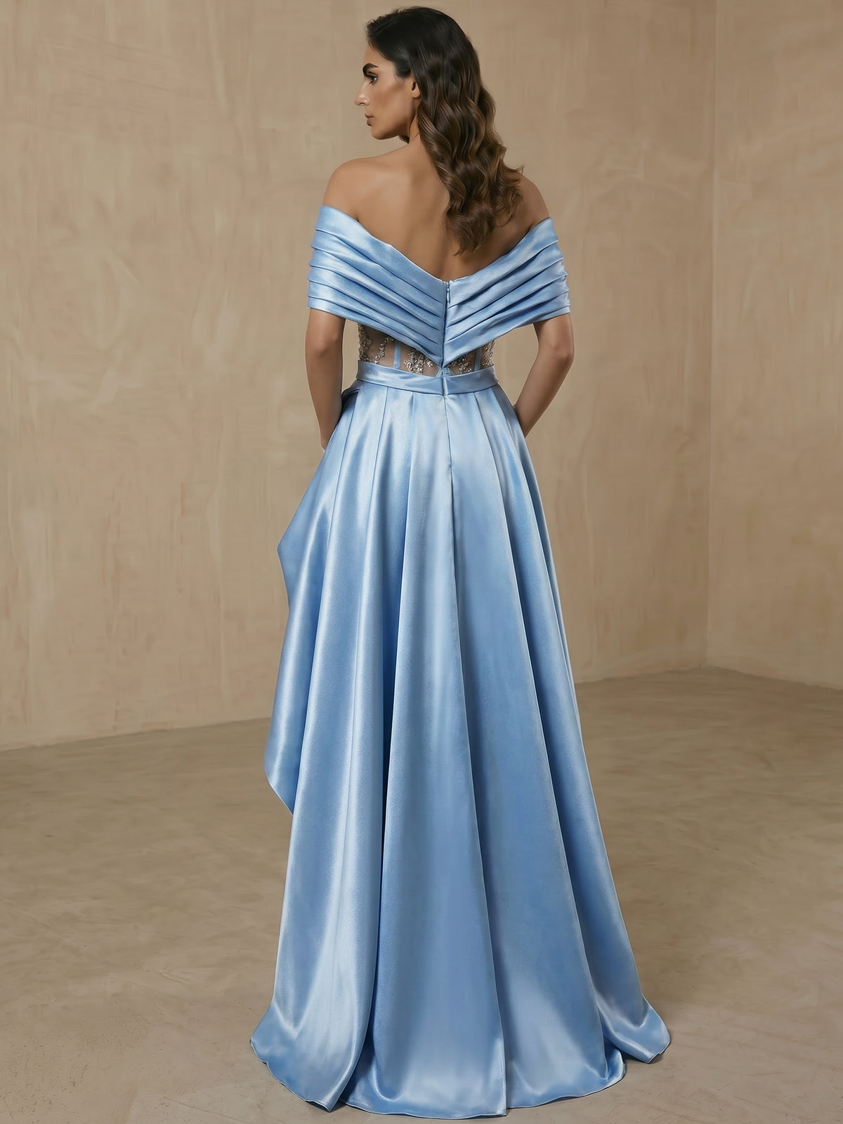 Sheath/Column Evening Dresses Embellished Satin Floor-Length Off-The-Shoulder Short Sleeves Ruffles Pleats Elegant Dress With Overskirt Wedding Guest