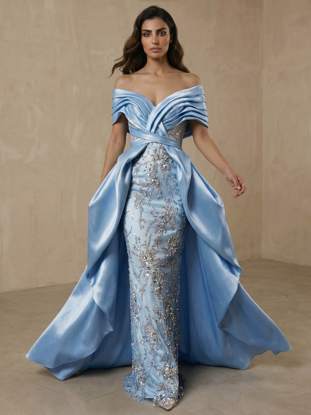 Sheath/Column Evening Dresses Embellished Satin Floor-Length Off-The-Shoulder Short Sleeves Ruffles Pleats Elegant Dress With Overskirt Wedding Guest