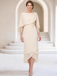 Sheath/Column Mother Of The Bride Dresses Chiffon Elegant Formal Dress Tea-Length 3/4 Sleeves Bateau Neck With Appliques Lace