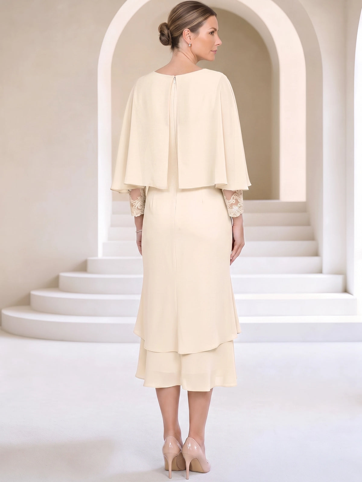 Sheath/Column Mother Of The Bride Dresses Chiffon Elegant Formal Dress Tea-Length 3/4 Sleeves Bateau Neck With Appliques Lace