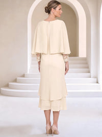 Sheath/Column Mother Of The Bride Dresses Chiffon Elegant Formal Dress Tea-Length 3/4 Sleeves Bateau Neck With Appliques Lace