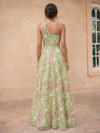 A-Line/Princess Evening Dresses Floral Appliques One-Shoulder Sleeveless Floor-Length Sash Zipper